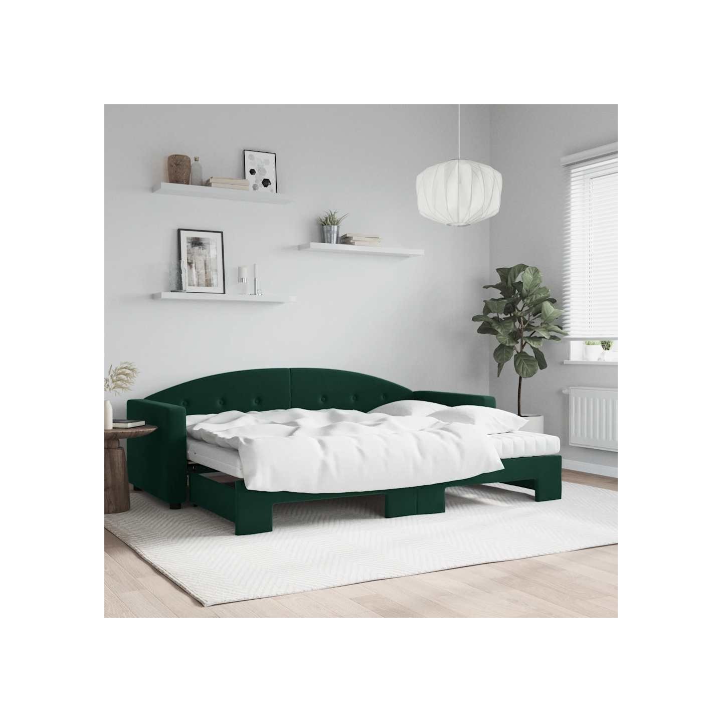 Lit de jour avec gigogne et matelas vert foncé 80x200cm velours
