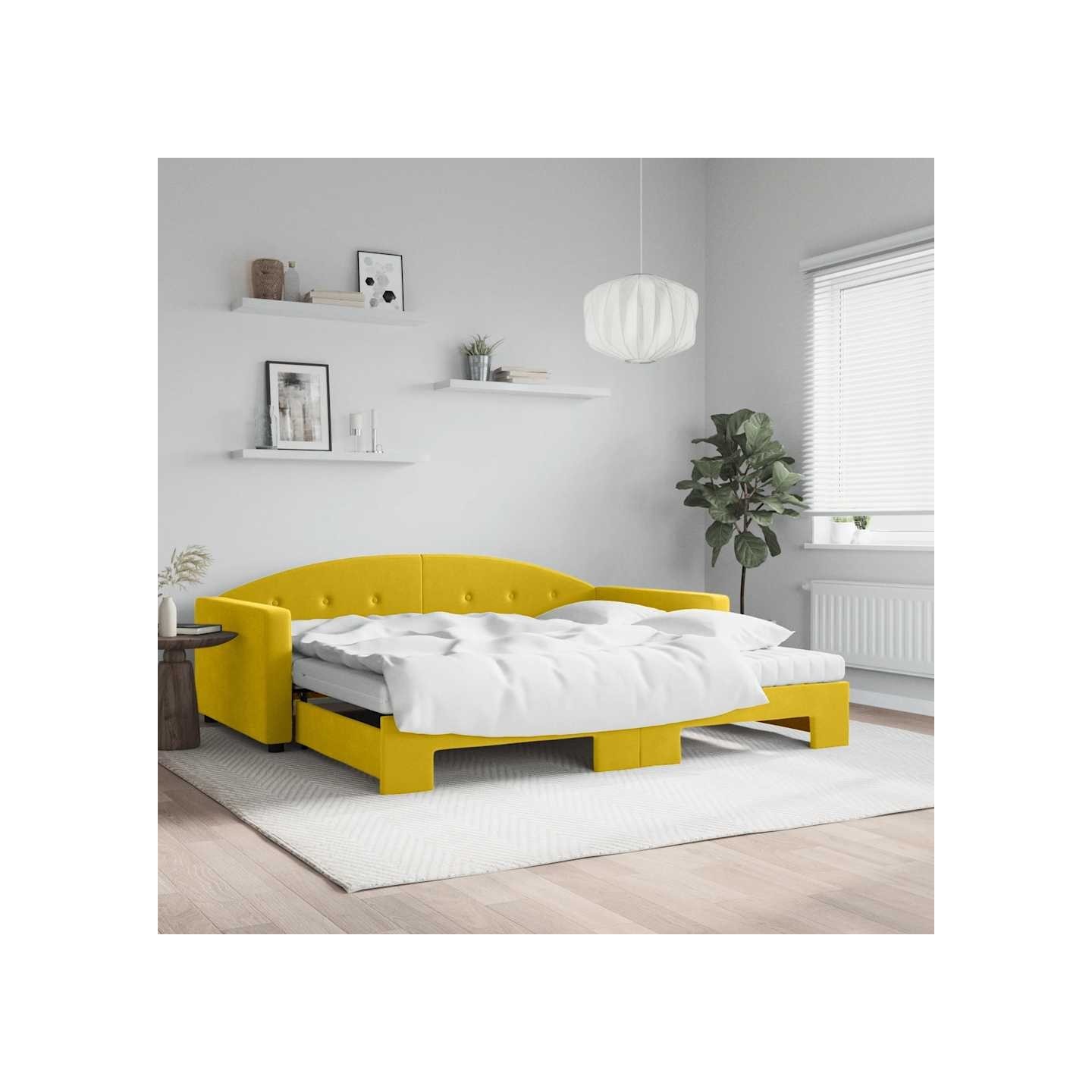 Lit de jour avec gigogne et matelas jaune 100x200 cm velours