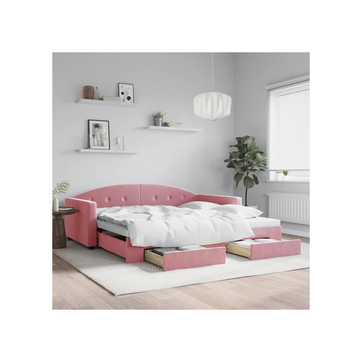 Lit de jour avec gigogne et tiroirs rose 100x200 cm velours