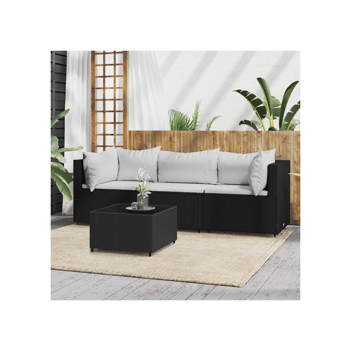 Salon de jardin 4 pcs avec coussins Noir Résine tressée