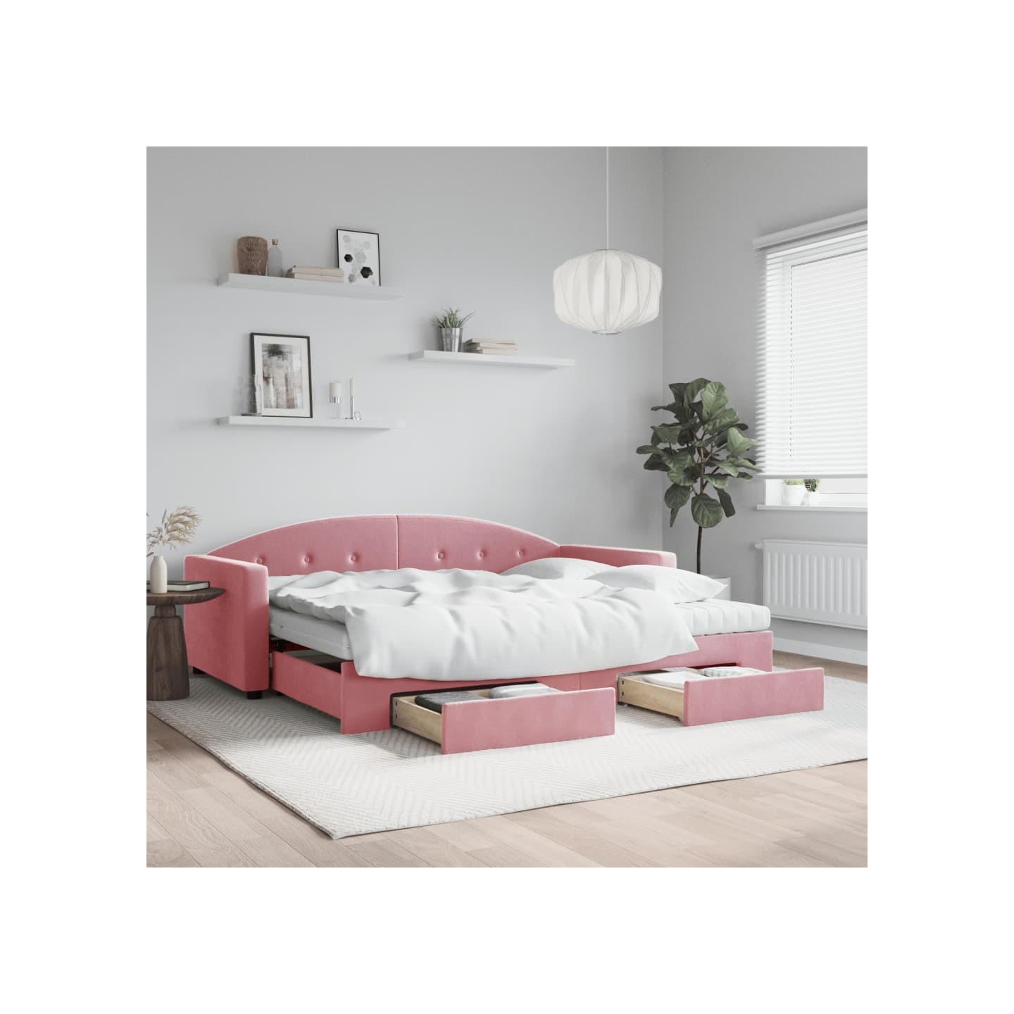 Lit de jour avec gigogne et tiroirs rose 90x200 cm velours