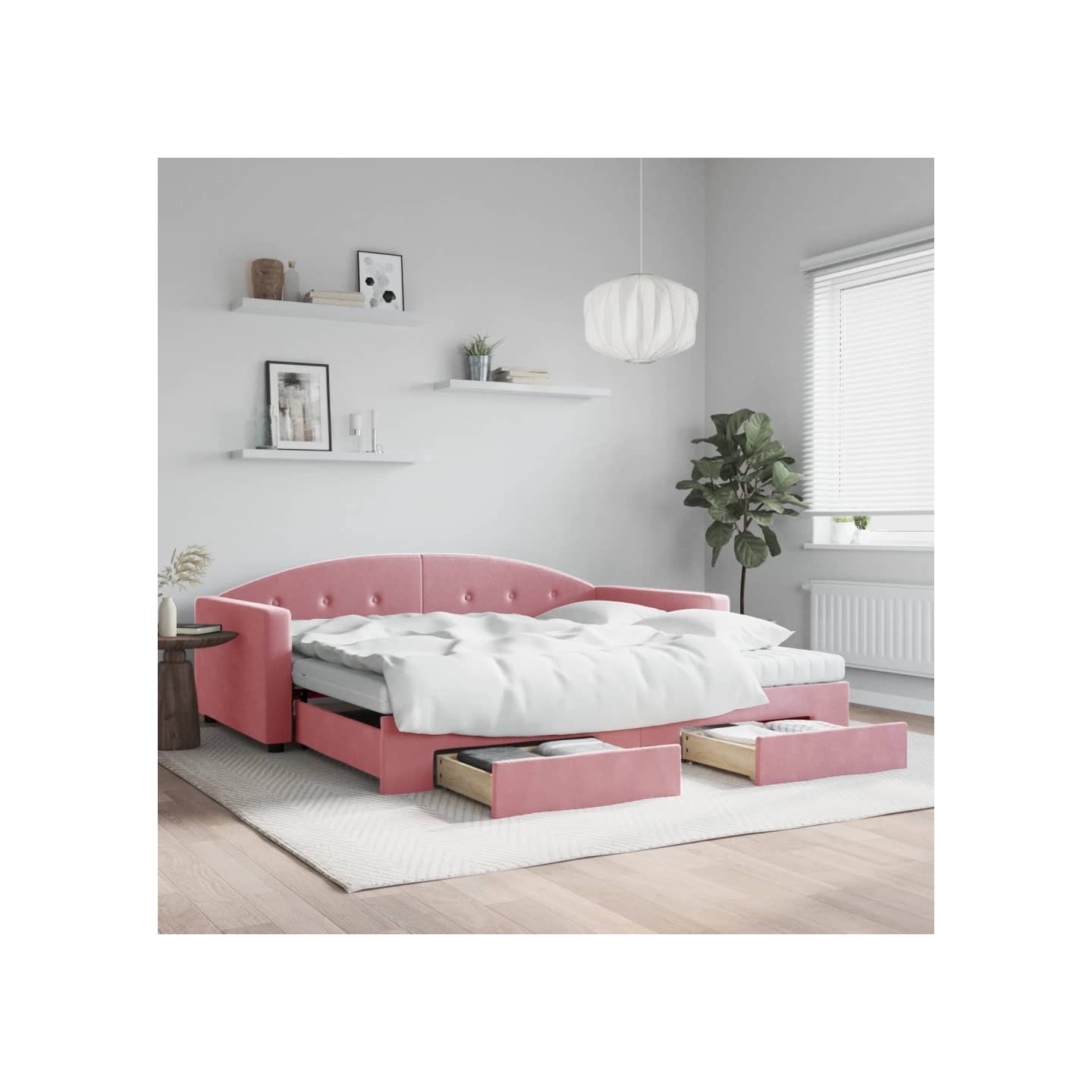 Lit de jour avec gigogne et tiroirs rose 100x200 cm velours