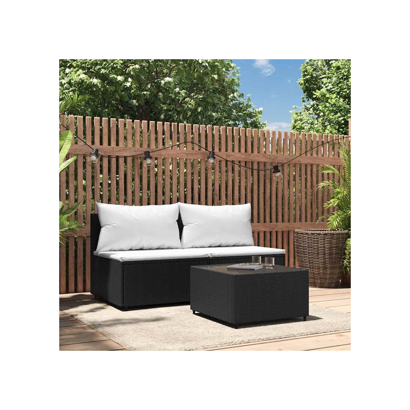 Salon de jardin 3 pcs avec coussins Noir Résine tressée