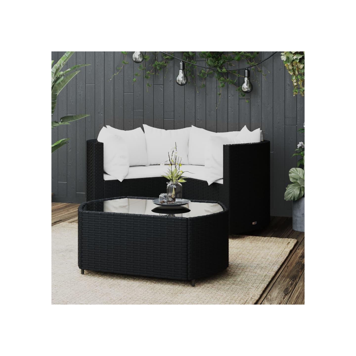 Salon de jardin 4 pcs avec coussins Noir Résine tressée