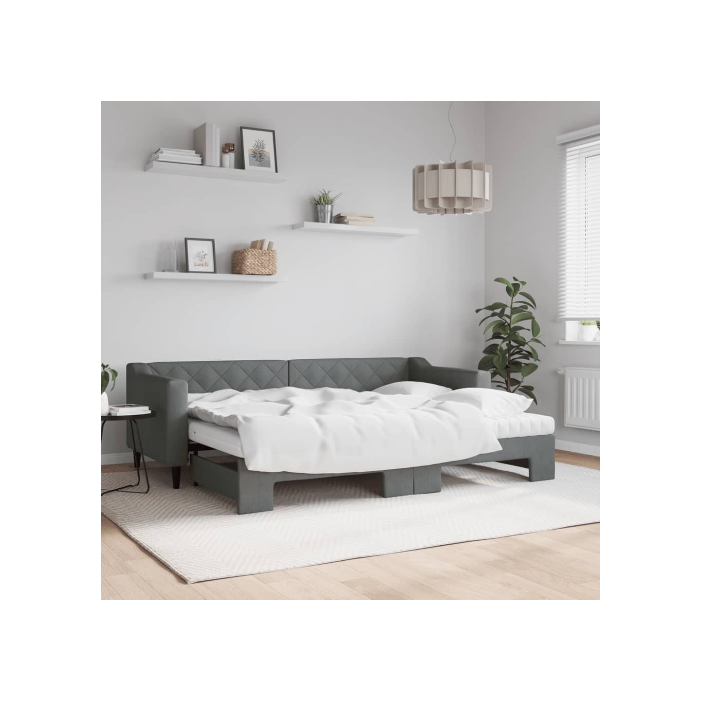 Lit de jour avec gigogne et matelas gris foncé 80x200 cm tissu