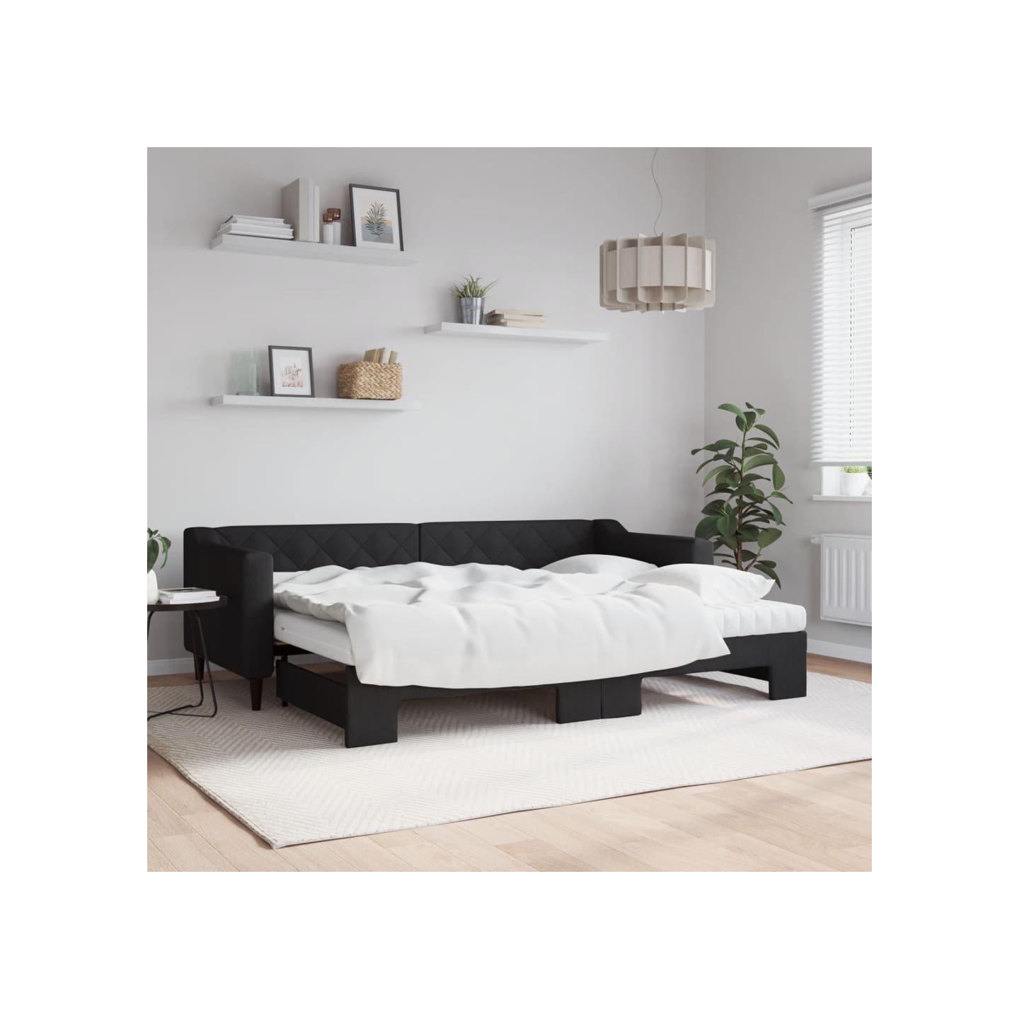 Lit de jour avec lit gigogne et matelas noir 80x200 cm tissu