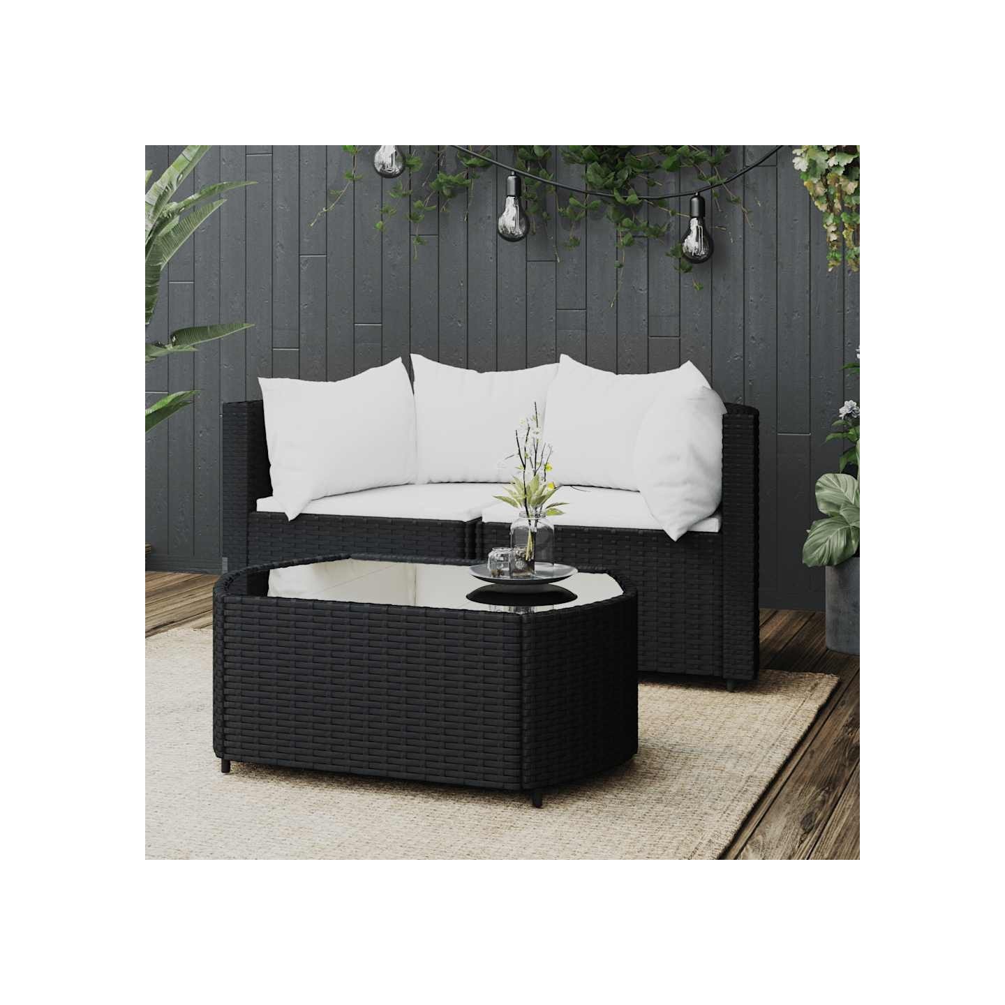 Salon de jardin 3 pcs avec coussins Noir Résine tressée