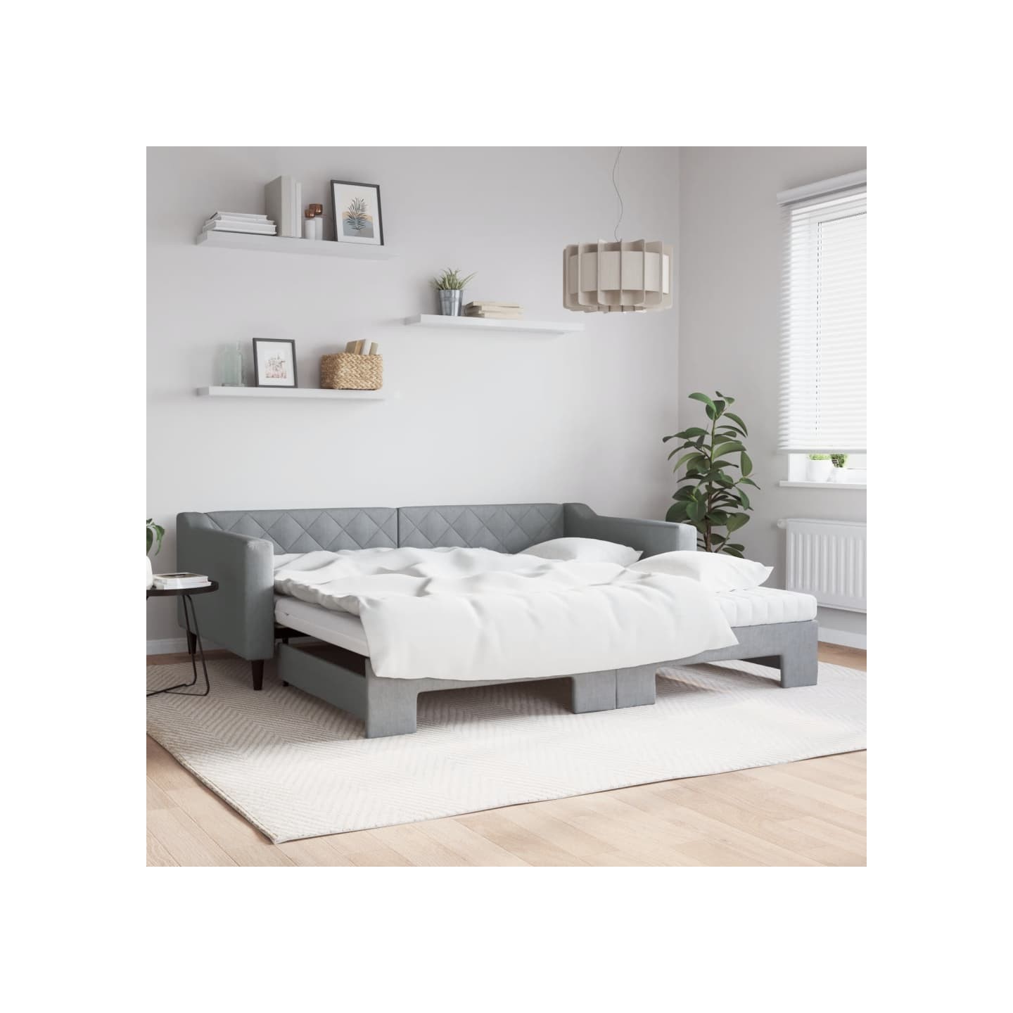 Lit de jour avec gigogne et matelas gris clair 100x200 cm tissu