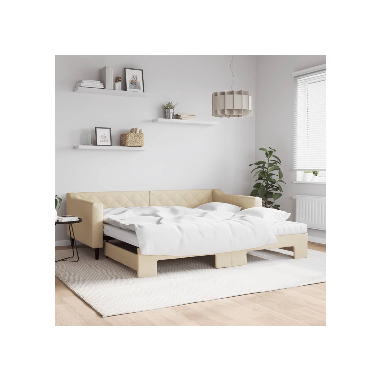 Lit de jour avec gigogne et matelas crème 100x200 cm tissu