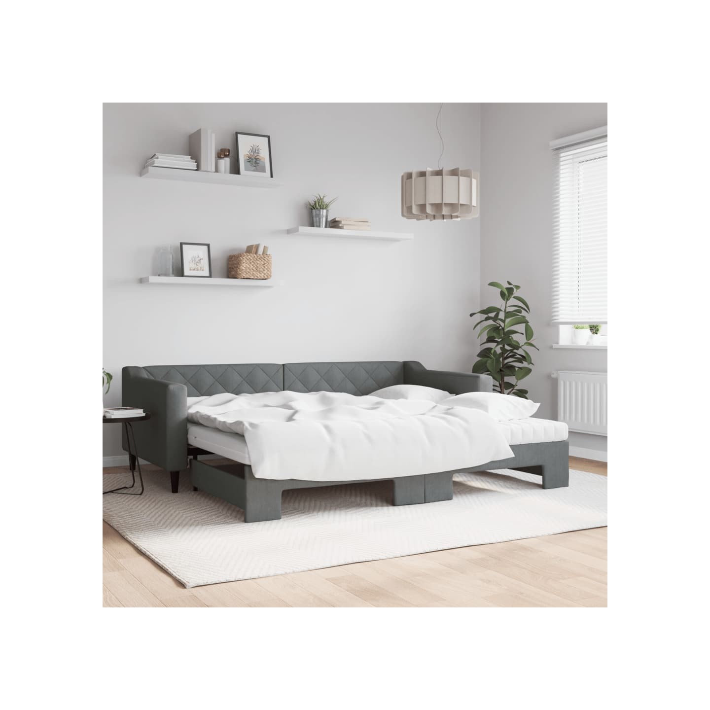 Lit de jour avec gigogne et matelas gris foncé 90x200 cm tissu