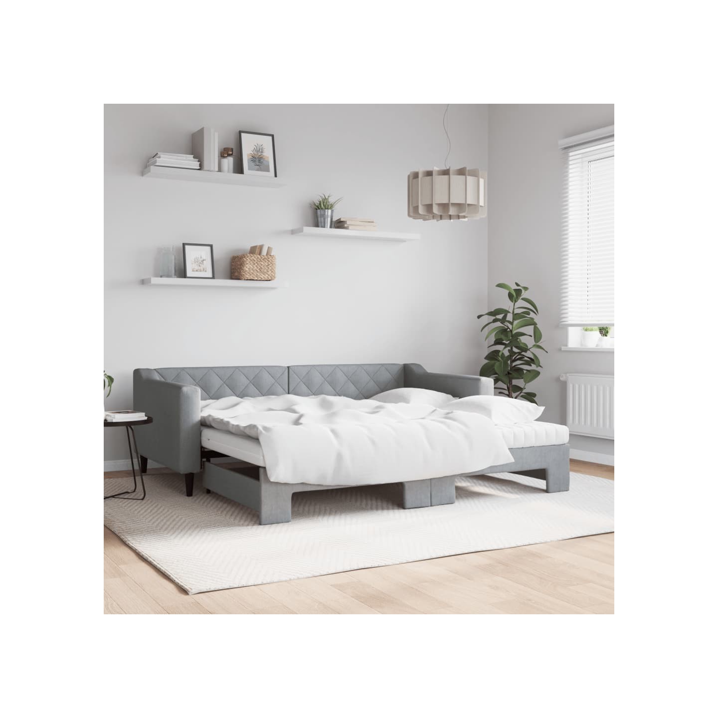 Lit de jour avec gigogne et matelas gris clair 90x190 cm tissu