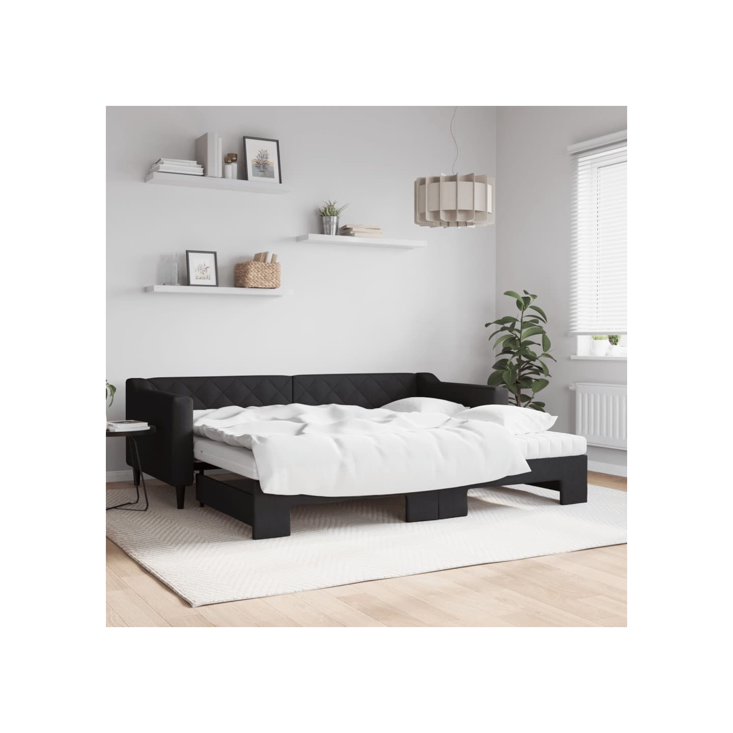 Lit de jour avec gigogne et matelas noir 90x200 cm tissu