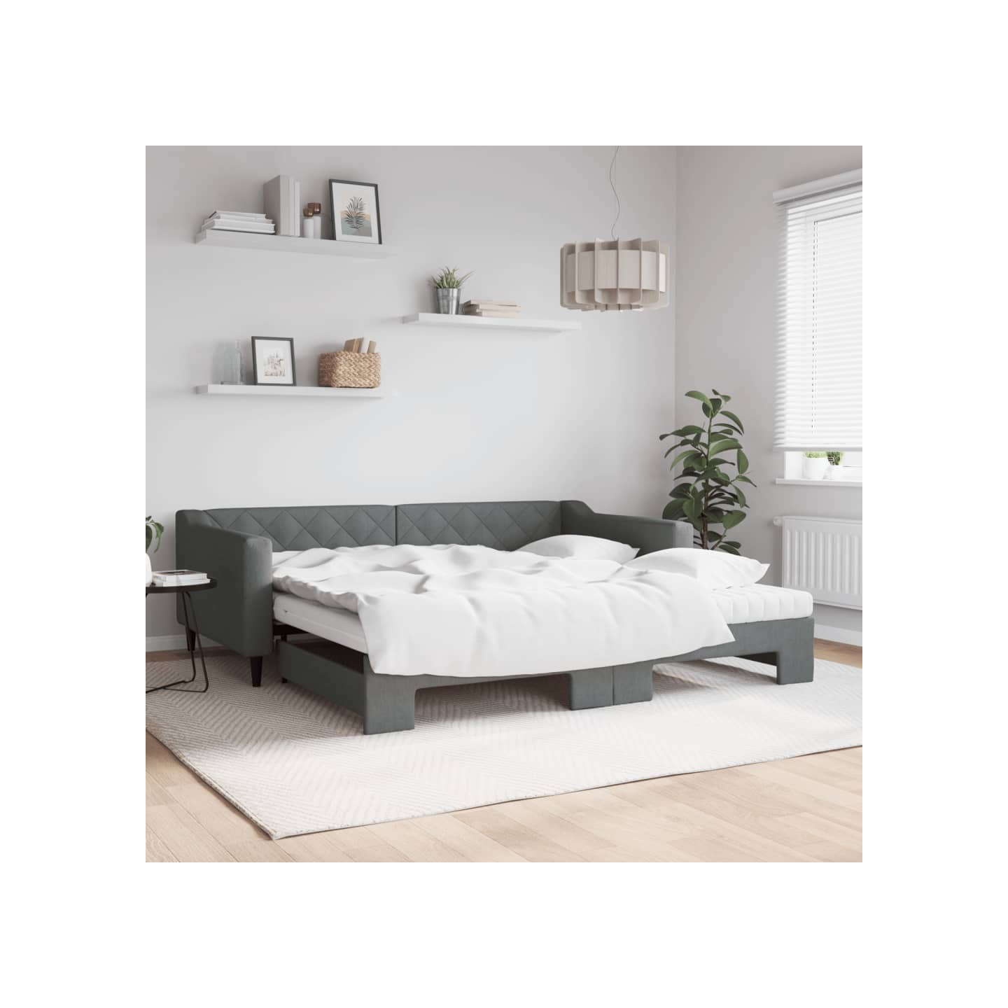 Lit de jour avec gigogne et matelas gris foncé 100x200 cm tissu