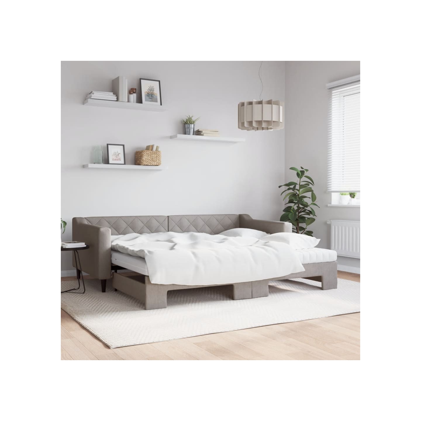 Lit de jour avec gigogne et matelas taupe 90x200 cm tissu