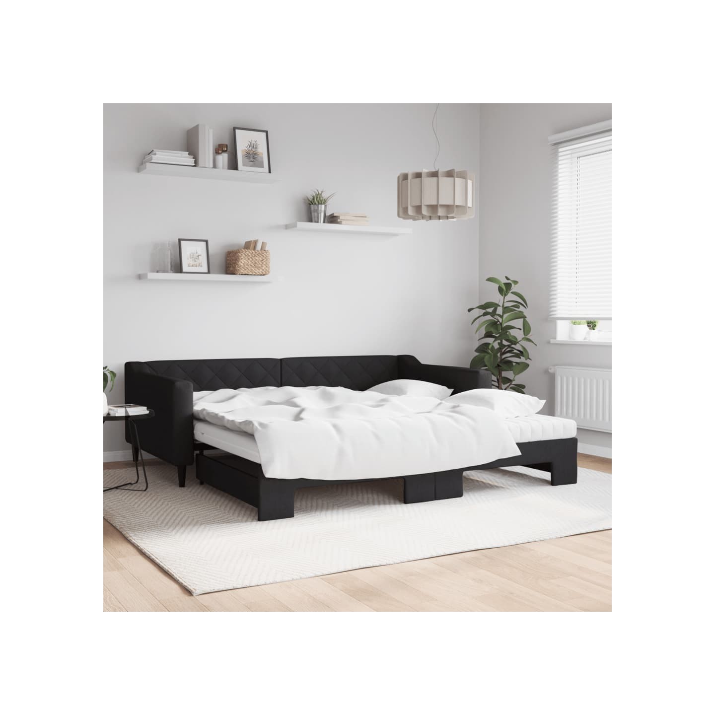 Lit de jour avec gigogne et matelas noir 100x200 cm tissu