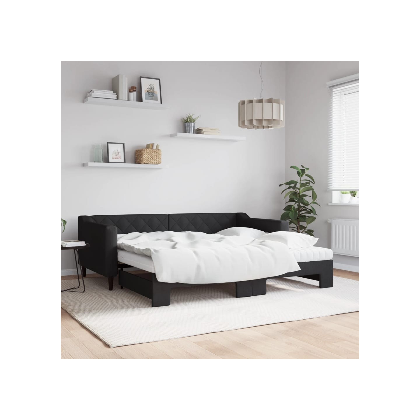Lit de jour avec gigogne et matelas noir 90x190 cm tissu
