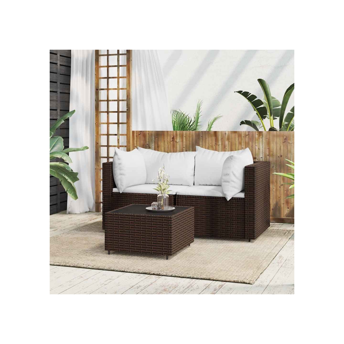 Salon de jardin 3 pcs avec coussins marron résine tressée