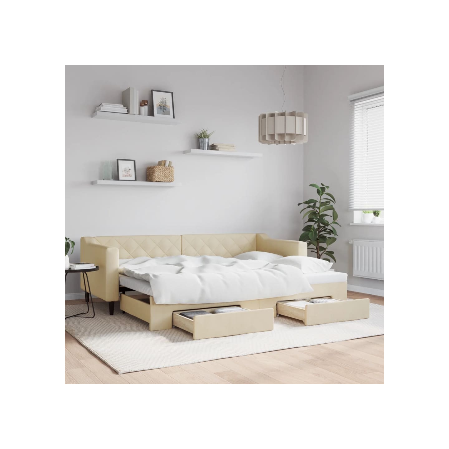 Lit de jour avec gigogne et tiroirs sans matelas crème 80x200cm