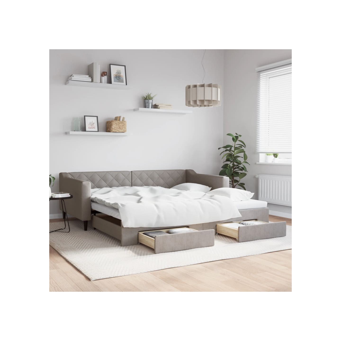 Lit de jour avec gigogne et tiroirs taupe 100x200 cm tissu