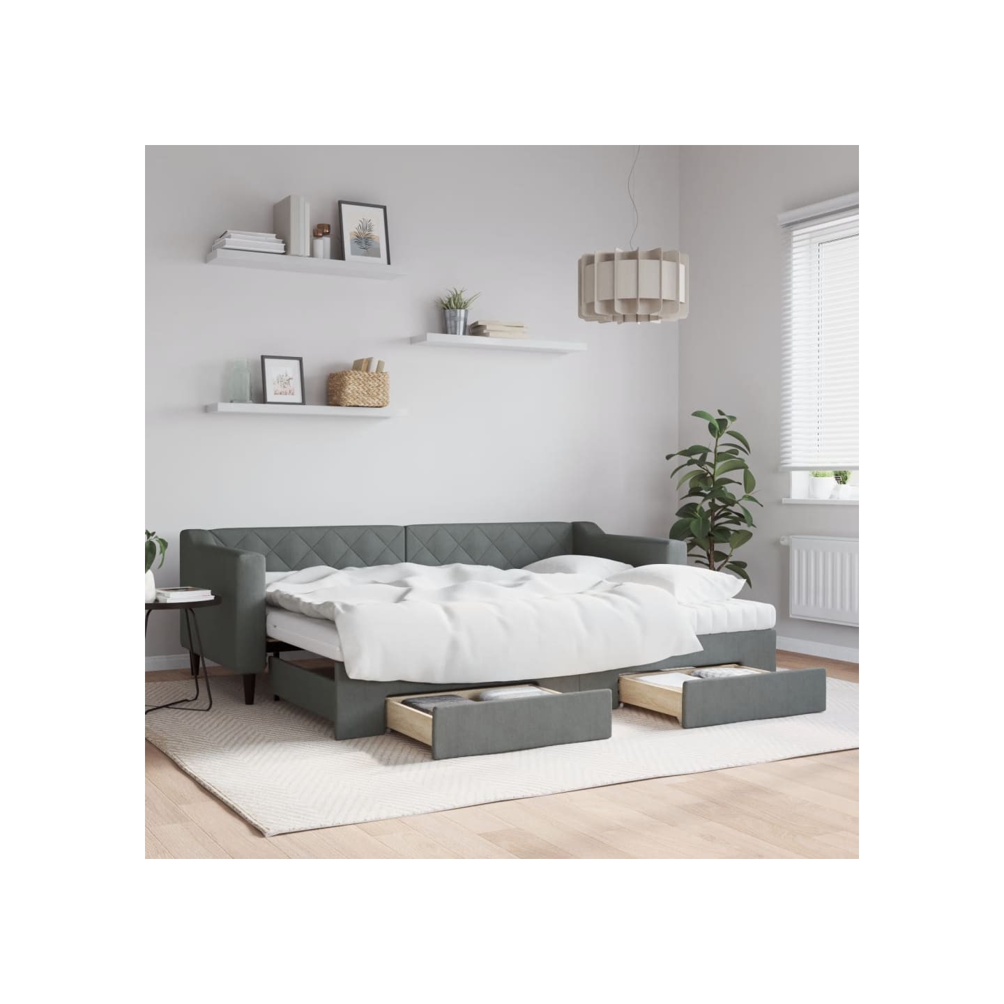 Lit de jour avec gigogne et tiroirs gris foncé 80x200 cm tissu