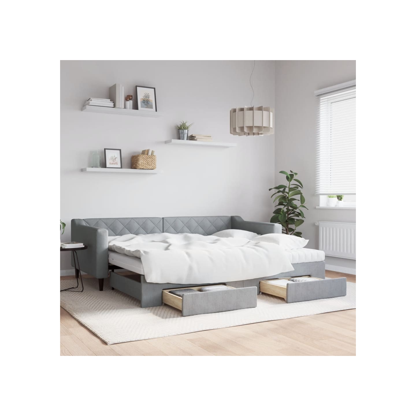 Lit de jour avec gigogne et tiroirs gris clair 90x200 cm tissu
