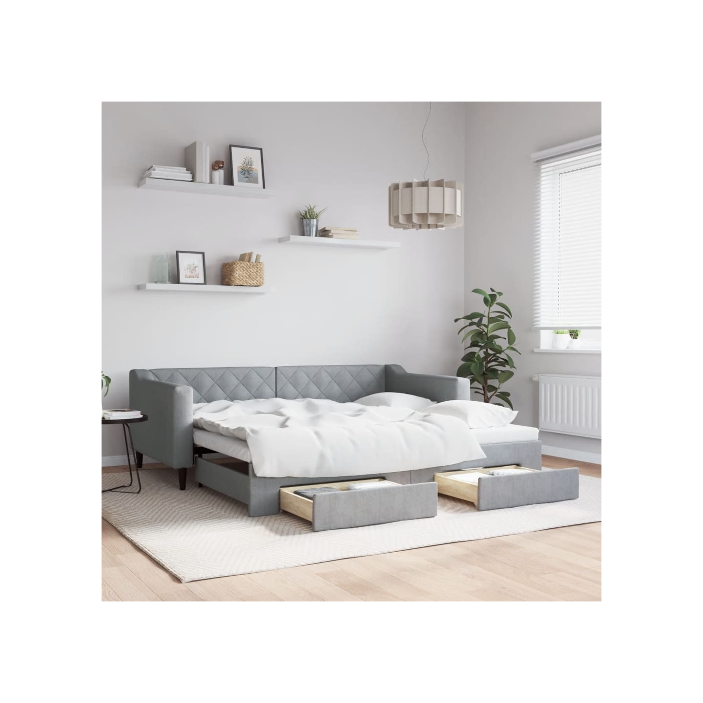 Lit de jour avec gigogne et tiroirs gris clair 90x190 cm tissu