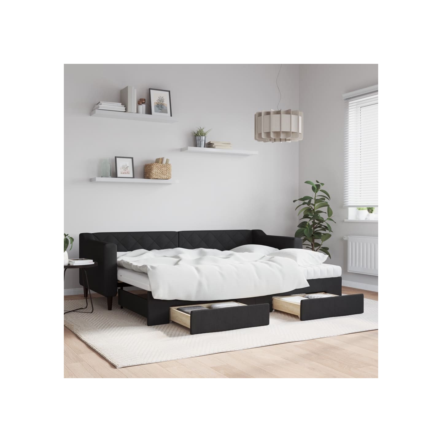 Lit de jour avec gigogne et tiroirs noir 80x200 cm tissu