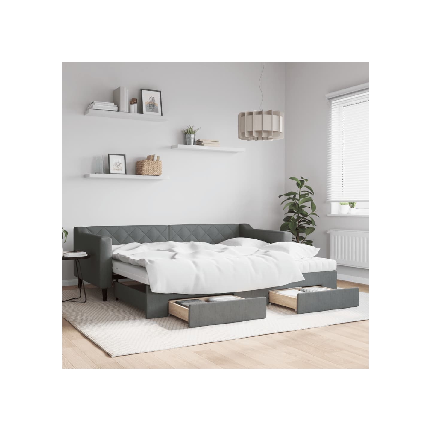Lit de jour avec gigogne et tiroirs gris foncé 90x200 cm tissu