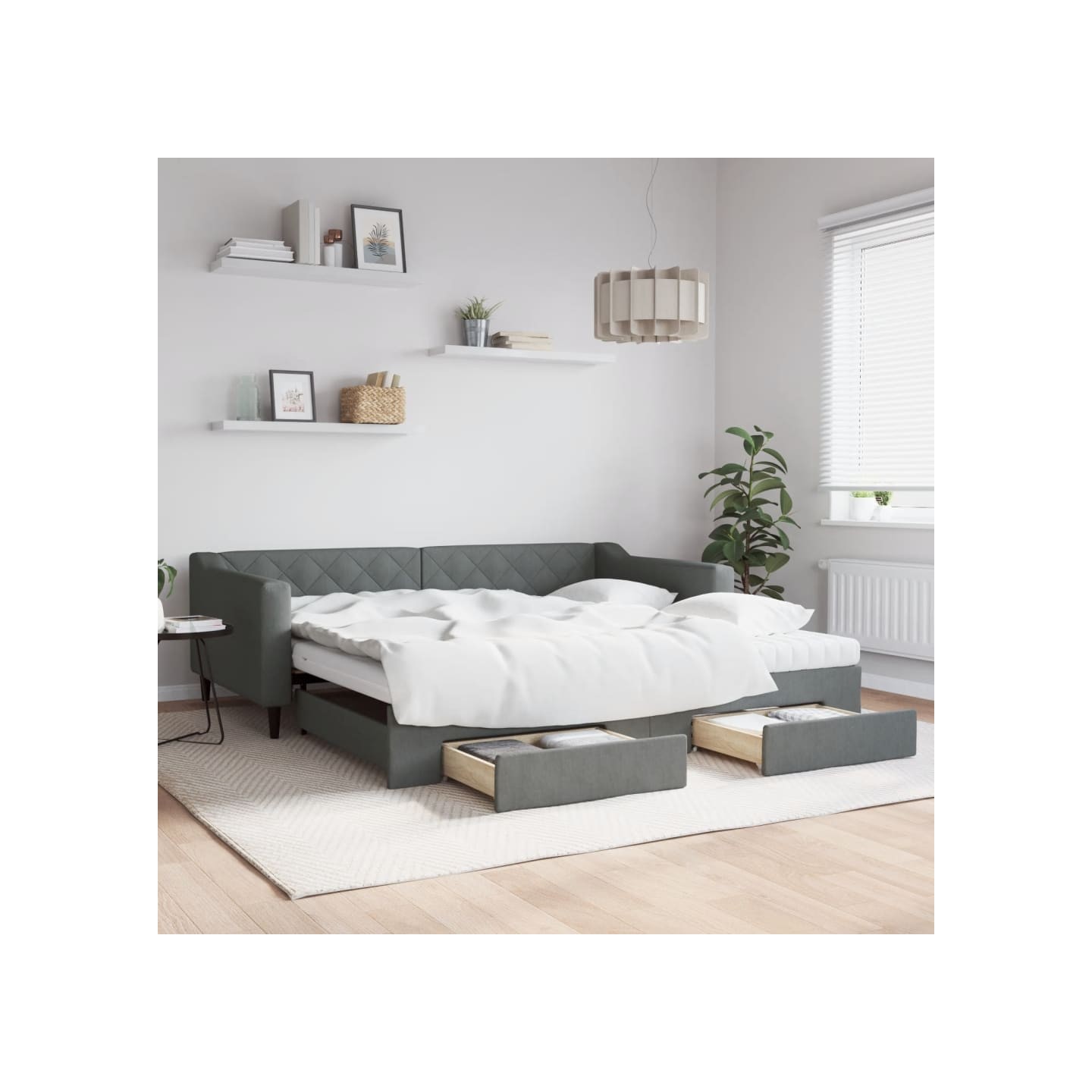 Lit de jour avec gigogne et tiroirs gris foncé 100x200 cm tissu