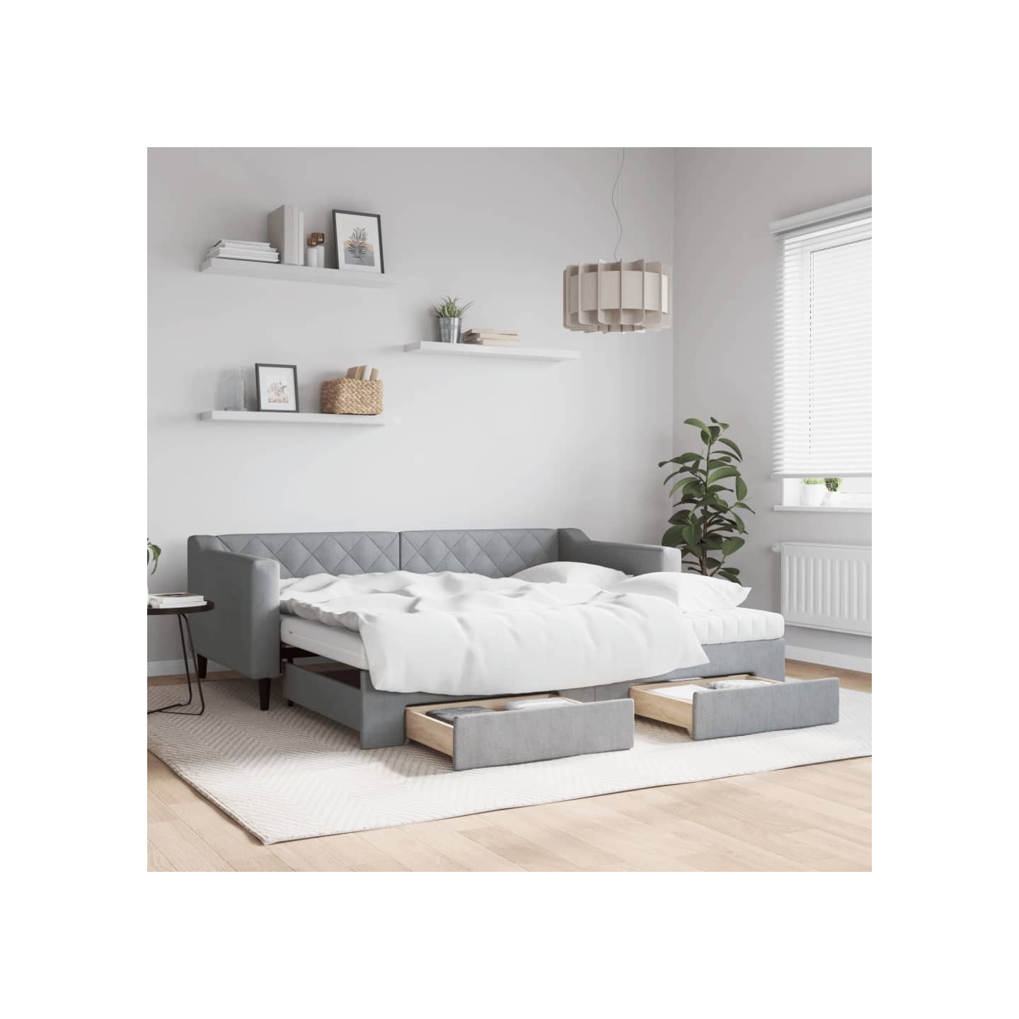 Lit de jour avec gigogne et tiroirs gris clair 90x190 cm tissu