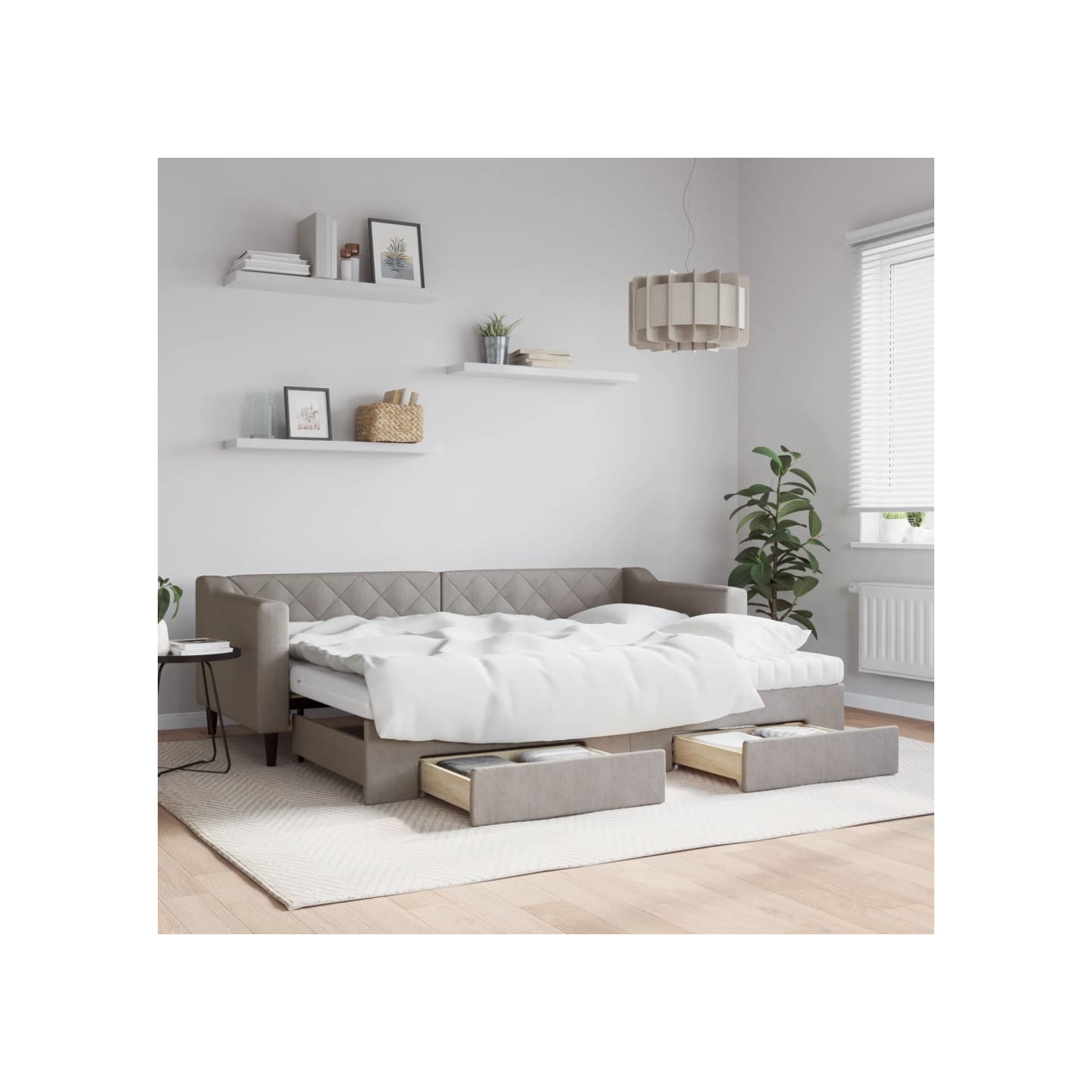 Lit de jour avec gigogne et tiroirs taupe 80x200 cm tissu