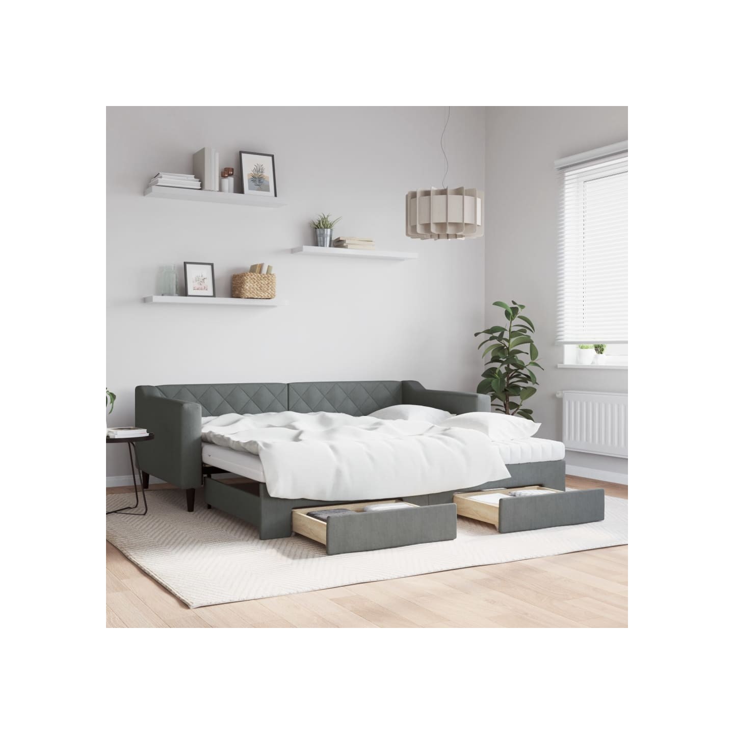 Lit de jour avec gigogne et tiroirs gris foncé 90x190 cm tissu