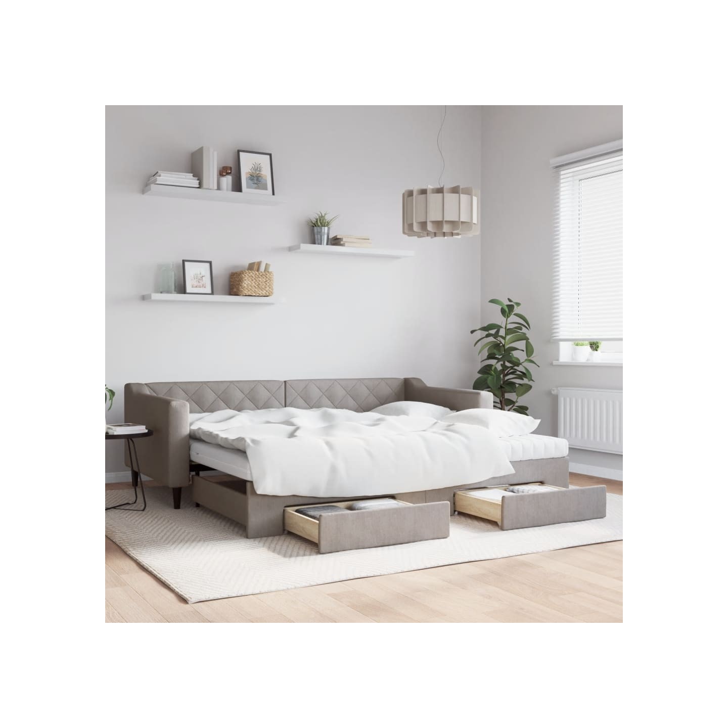 Lit de jour avec gigogne et tiroirs taupe 90x200 cm tissu