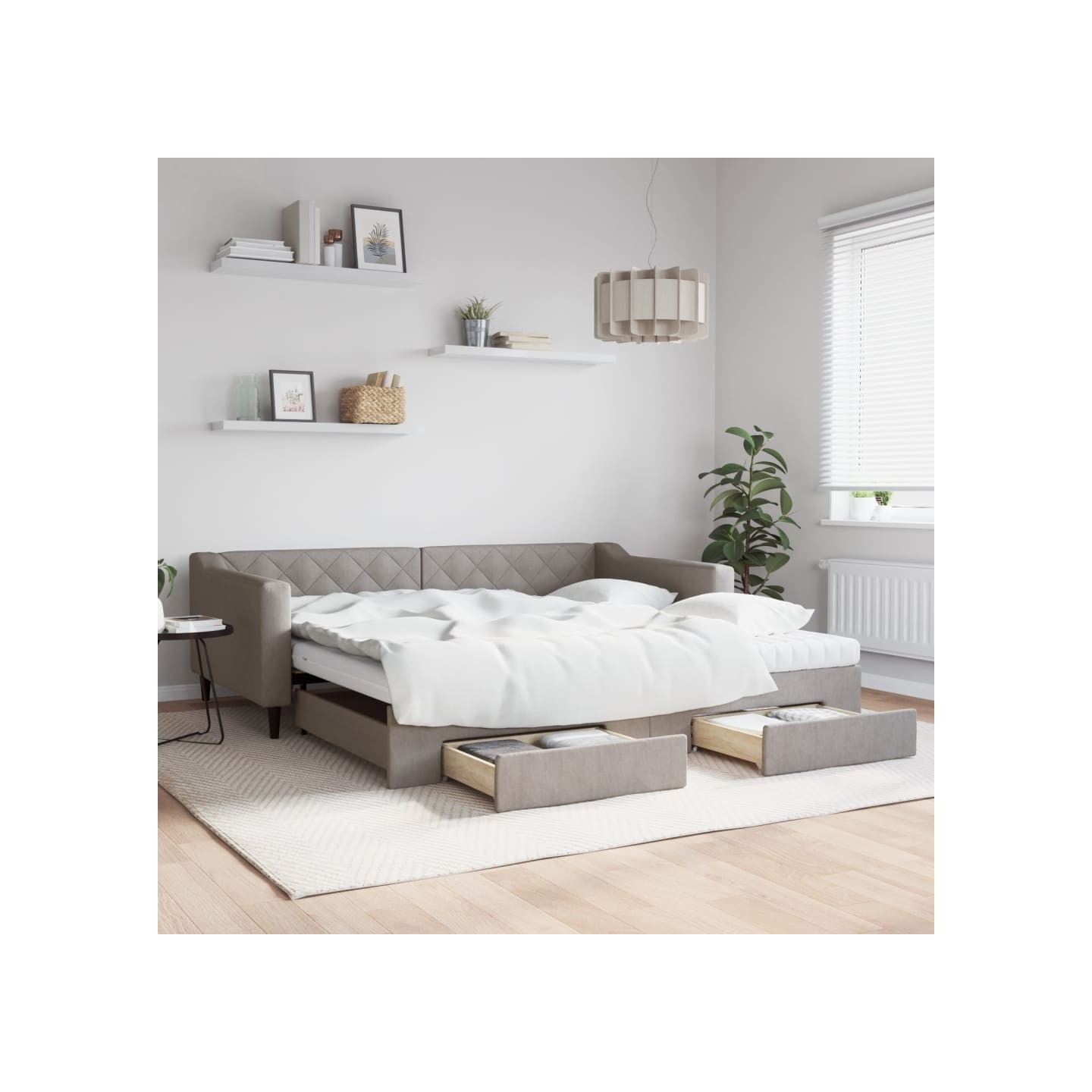 Lit de jour avec gigogne et tiroirs taupe 100x200 cm tissu