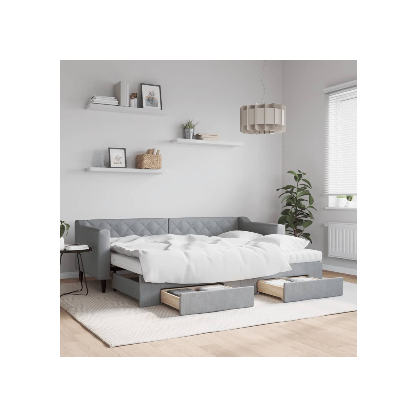 Lit de jour avec gigogne et tiroirs gris clair 80x200 cm tissu