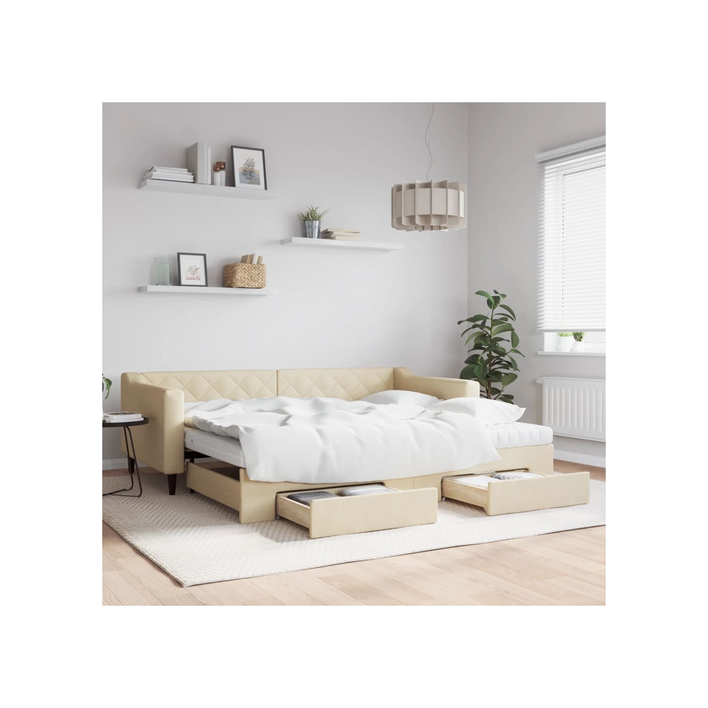 Lit de jour avec gigogne et tiroirs crème 90x200 cm tissu