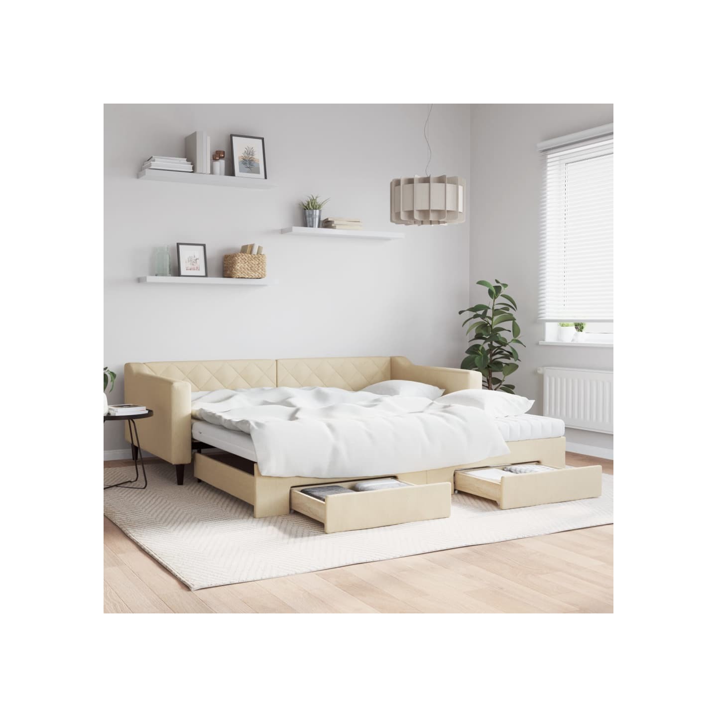 Lit de jour avec gigogne et tiroirs crème 100x200 cm tissu