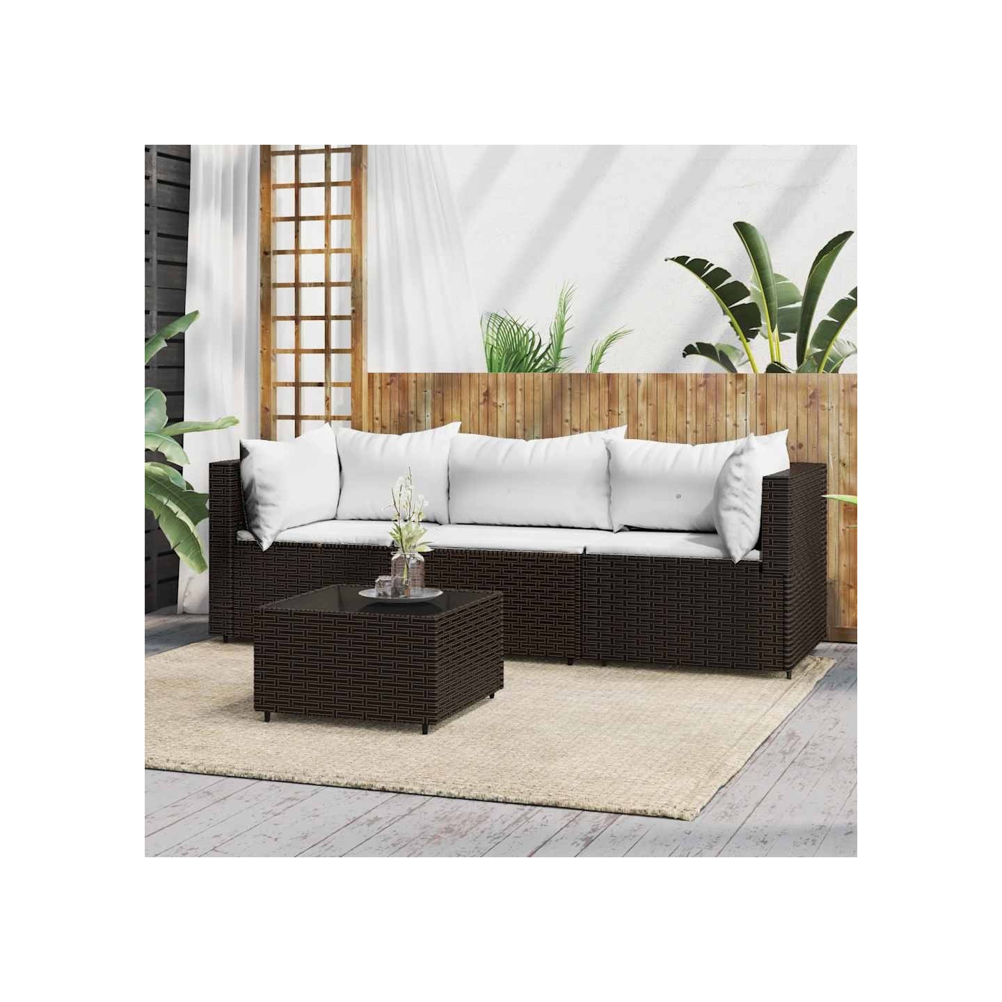 Salon de jardin 4 pcs avec coussins Marron Résine tressée