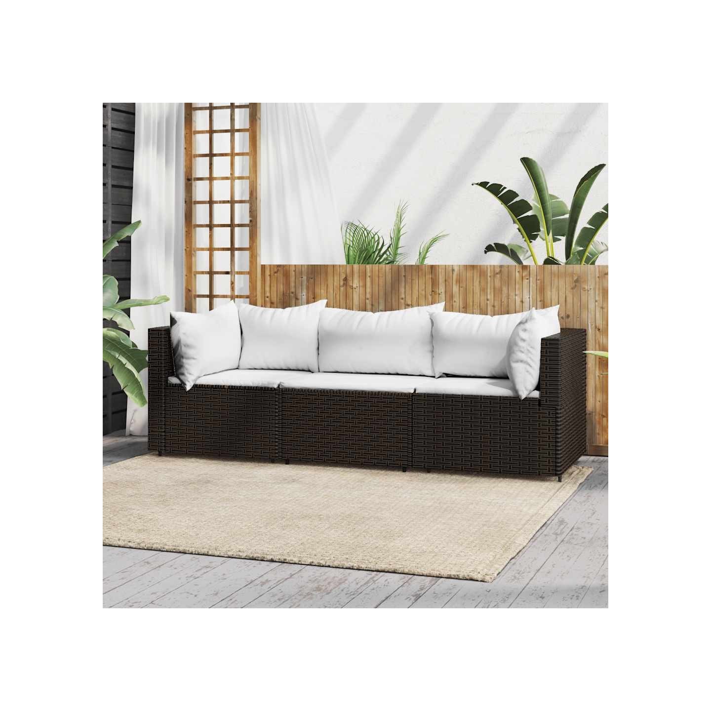 Salon de jardin 3 pcs avec coussins marron résine tressée