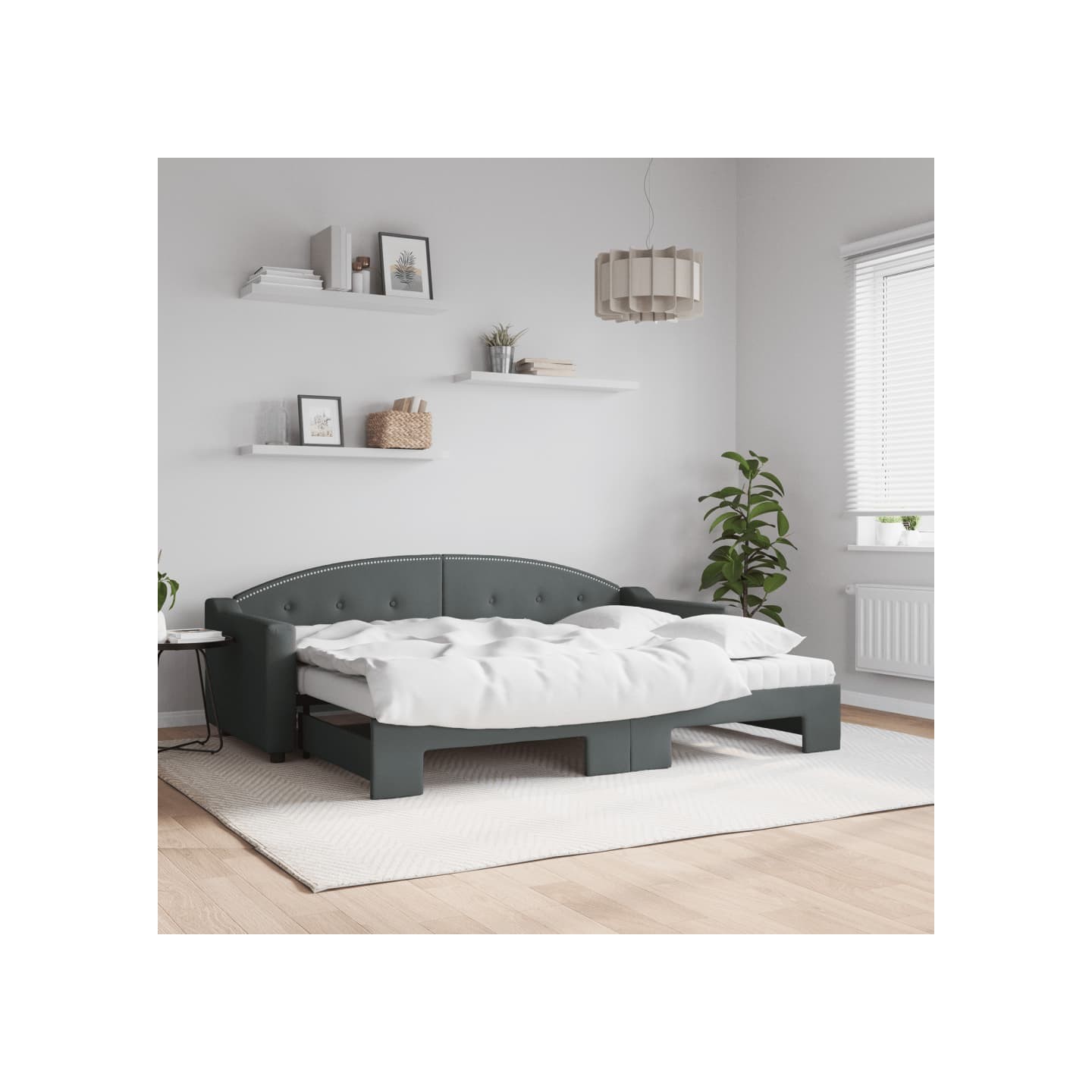 Lit de jour avec gigogne et matelas gris foncé 80x200 cm tissu