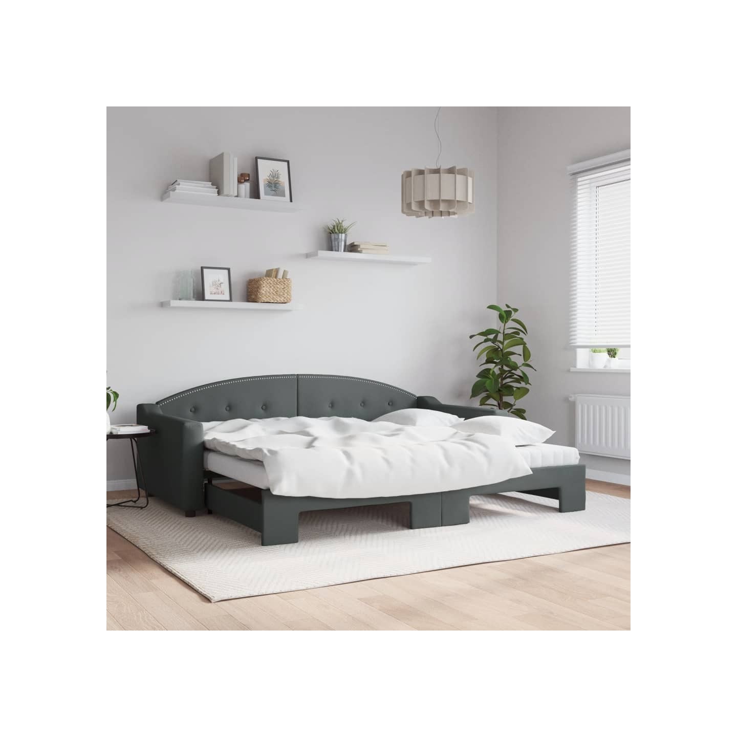 Lit de jour avec gigogne et matelas gris foncé 90x200 cm tissu