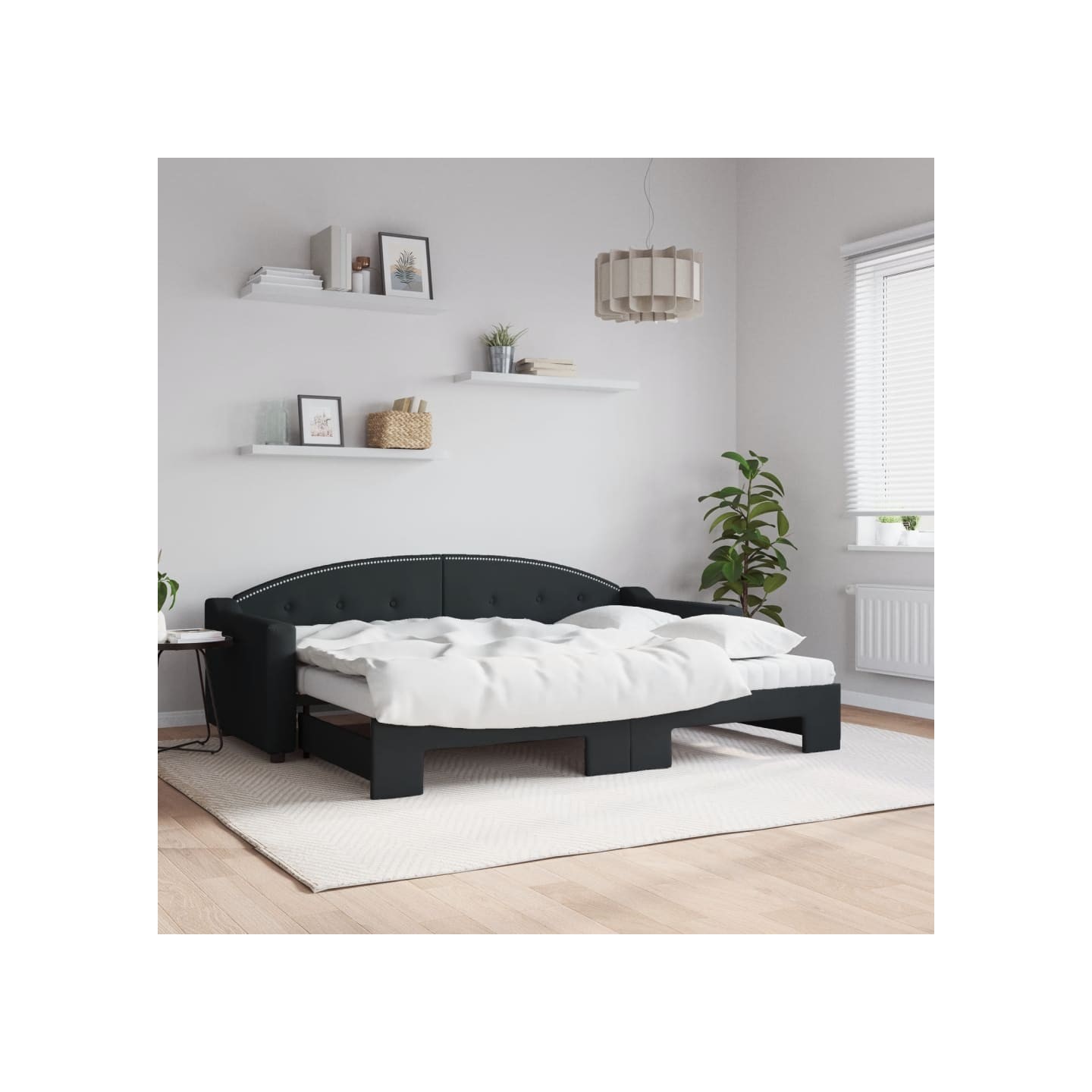 Lit de jour avec lit gigogne et matelas noir 80x200 cm tissu