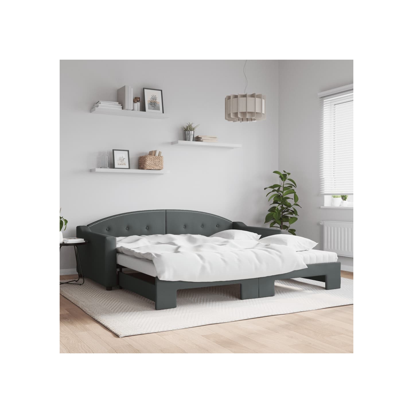 Lit de jour avec gigogne et matelas gris foncé 100x200 cm tissu