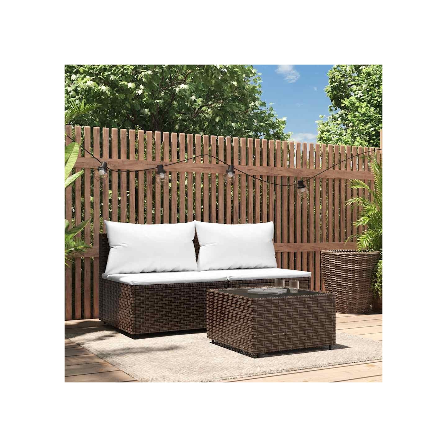 Salon de jardin 3 pcs avec coussins marron résine tressée
