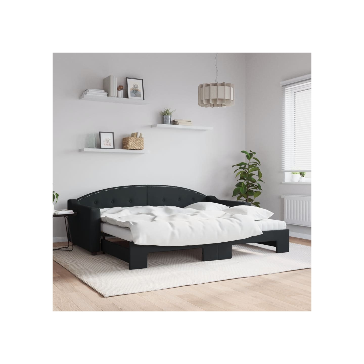 Lit de jour avec gigogne et matelas noir 90x200 cm tissu