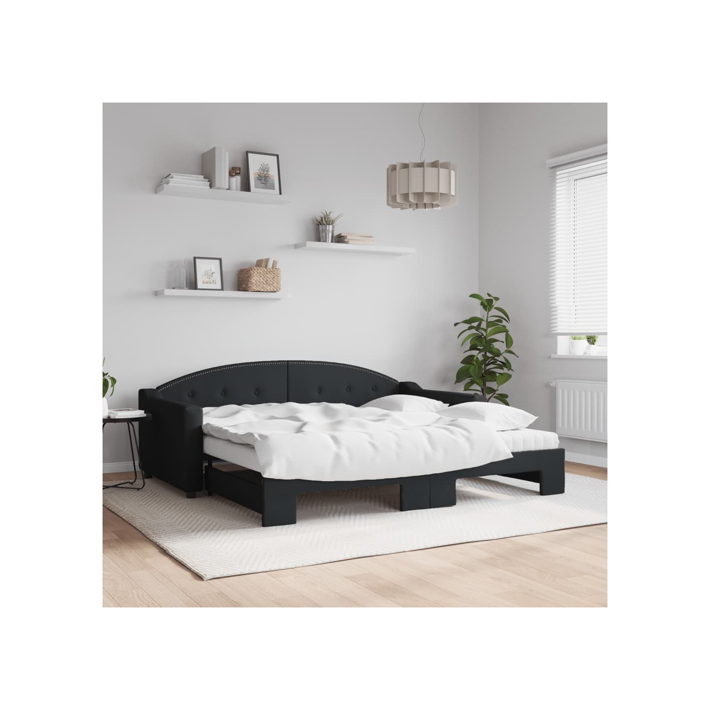 Lit de jour avec gigogne et matelas noir 90x190 cm tissu