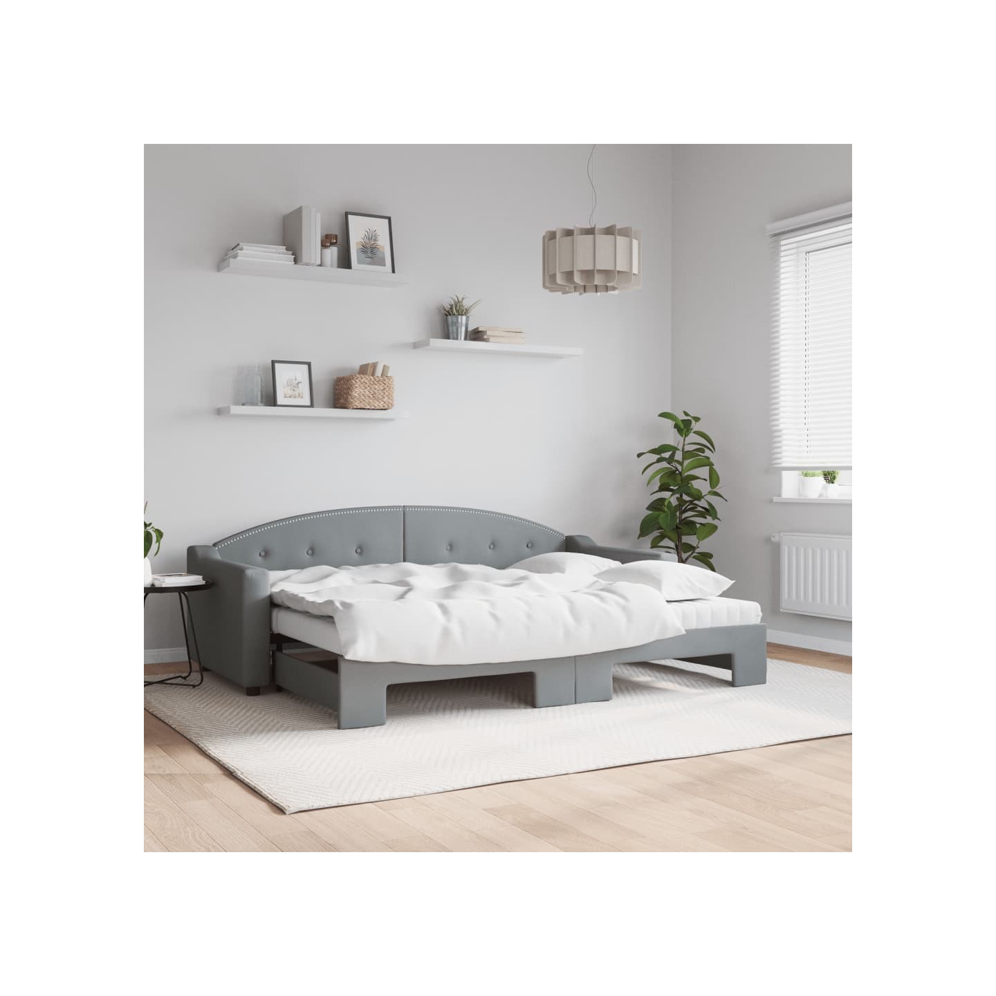Lit de jour avec gigogne et matelas gris clair 80x200 cm tissu