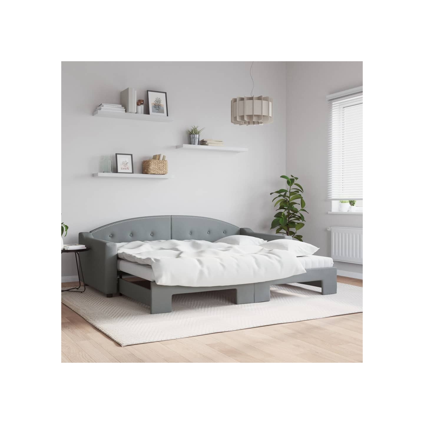 Lit de jour avec gigogne et matelas gris clair 90x200 cm tissu