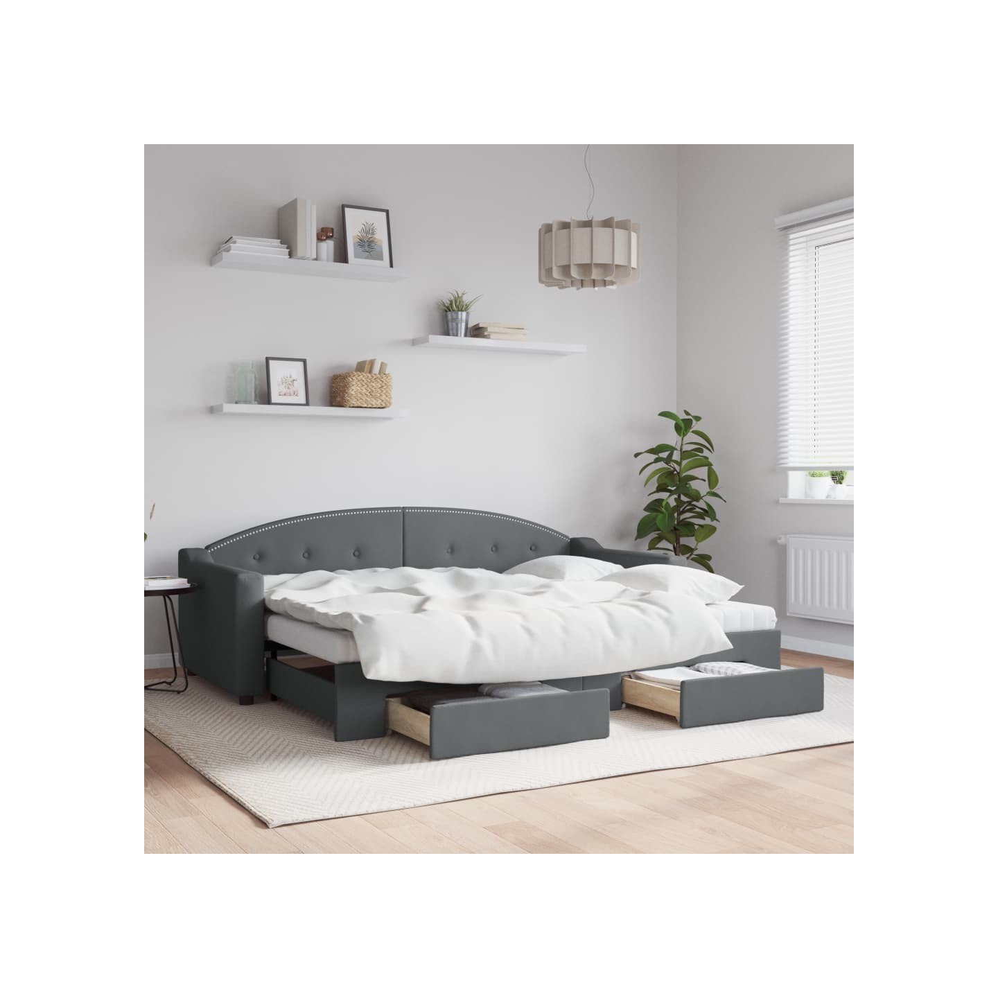 Lit de jour avec gigogne et tiroirs gris foncé 80x200 cm tissu