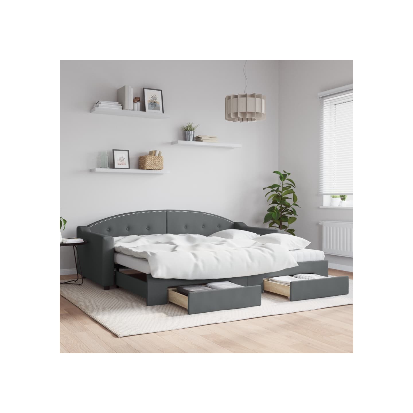 Lit de jour avec gigogne et tiroirs gris foncé 90x200 cm tissu